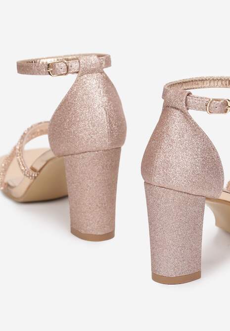 Szampańskie Sandały na Słupku z Brokatem i Cyrkoniami Axerise