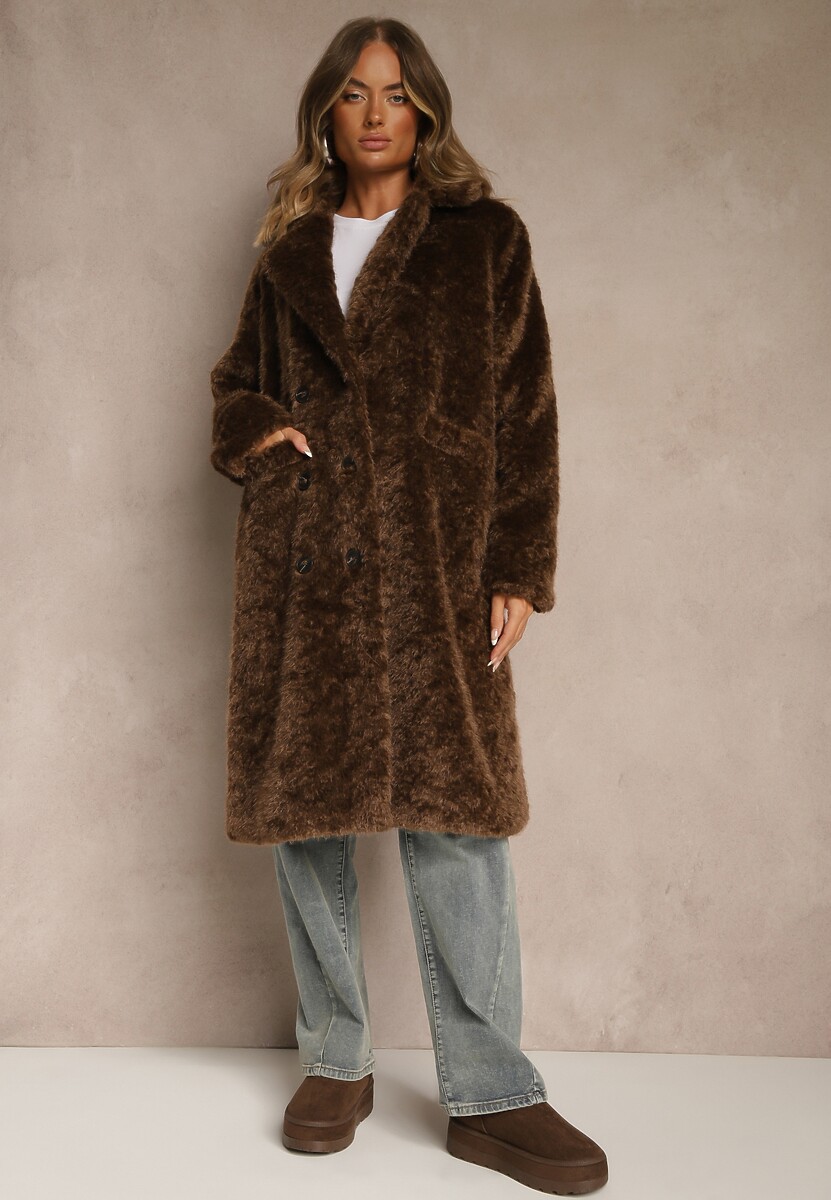Brązowy Futrzany Płaszcz o Długim Kroju Typu Teddy Tadelia
