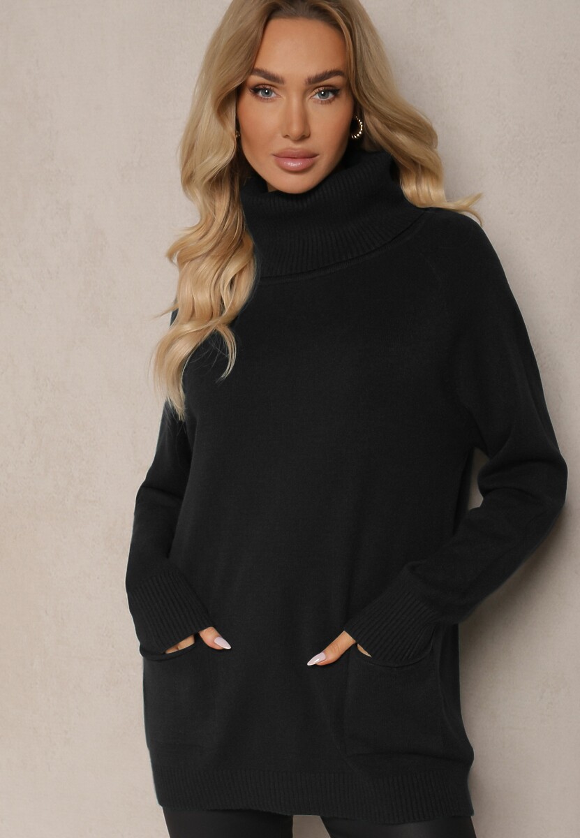 Czarny Casualowy Golf z Domieszką Wiskozy Ozdobiony Małymi Kieszeniami Viasya