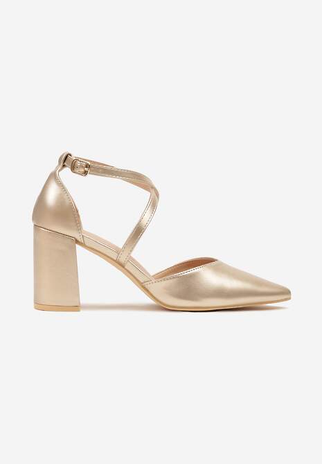 Złote Czółenka Vices na Słupku ze Skórzaną Wkładką Ozdobione Paskami Learelia