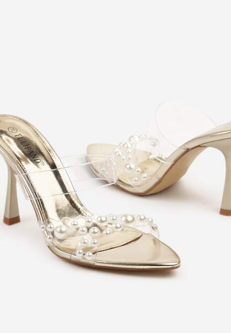 Złote Przezroczyste Klapki Szpilki Ozdobione Perełkami Frolreti