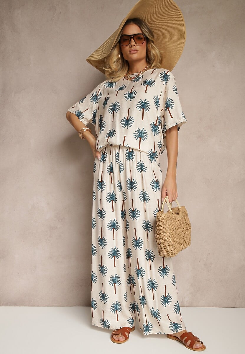 Niebieski Komplet z Wiskozy Zdobiony Printem w Palmy Szerokie Spodnie i T-shirt Zioleana