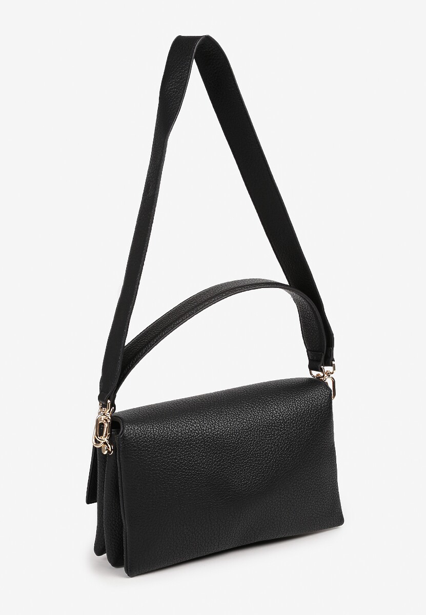 Czarna Torebka Prostokątna w Stylu Kopertówki z Ozdobnym Zapięciem Paskiem i Rączką Tintelith