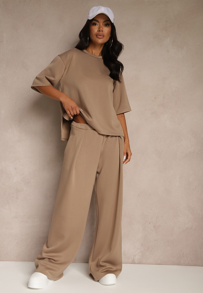 Beżowy Komplet z Wiskozą Spodnie z Szeroką Nogawką i T-shirt Nalioma