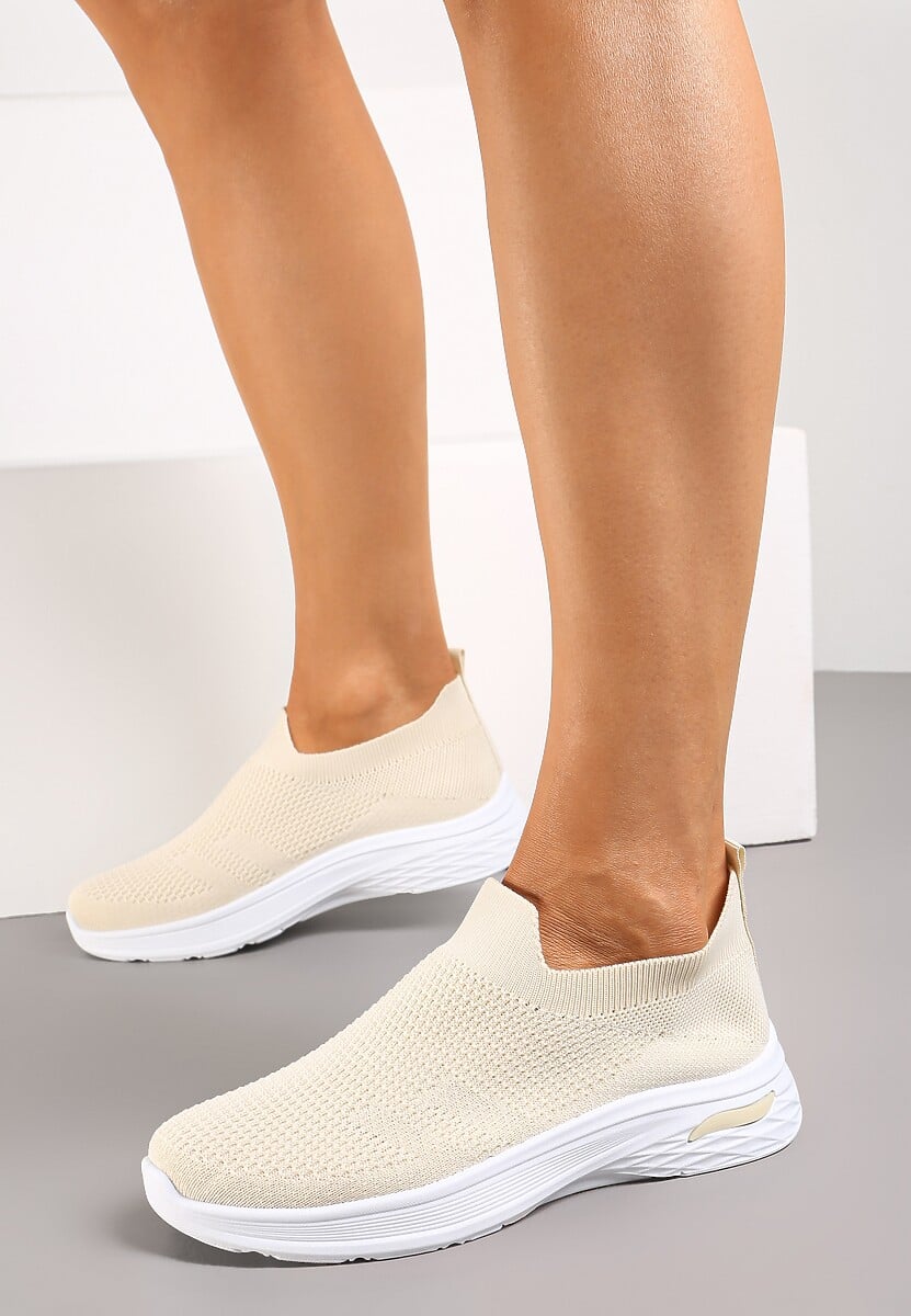 Beżowe Buty Sportowe ze Skarpetkową Cholewką do Kostki Railette