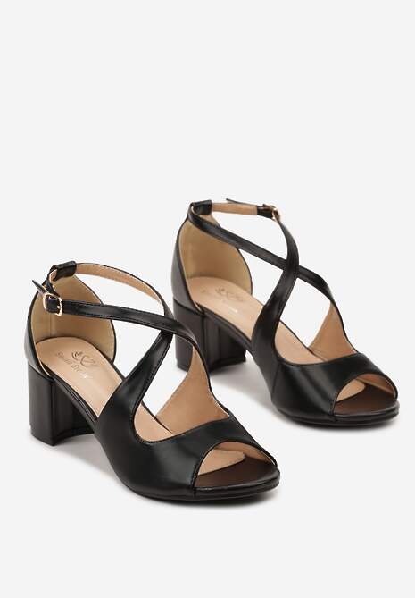 Czarne Sandały na Słupku z Otwartym Noskiem ze Sprzączką Rapelia