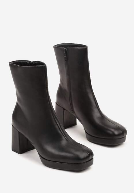 Czarne Botki Vices na Platformie i Słupku Ozdobione z Kwadratowym Noskiem Faleanna