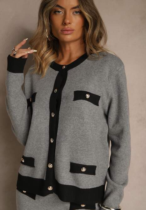 Czarno-Szary Sweterkowy Komplet z Dzianiny z Bawełną Kardigan i Spódnica Derrive