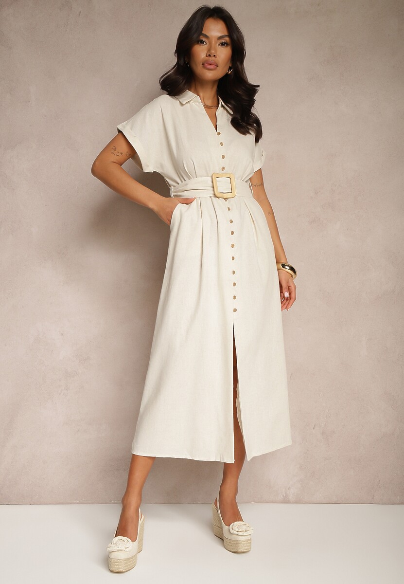 Jasnobeżowa Koszulowa Sukienka z Bawełny na Krótki Rękaw z Materiałowym Paskiem Celirna