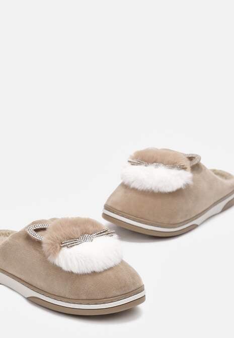 Ciemnobeżowe Kapcie Futrzane z Kotkiem Leze