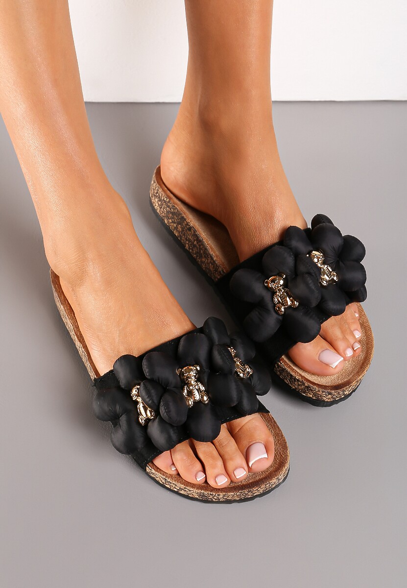 Czarne Klapki ze Złotymi Misiami i Kwiatkami na Profilowanej Podeszwie Isaralle
