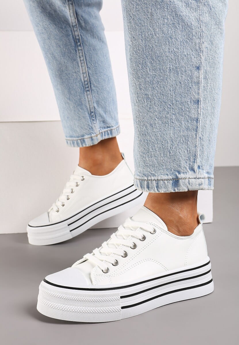 Białe Streetwearowe Trampki Basic na Grubej Podeszwie w Paski Avirissa