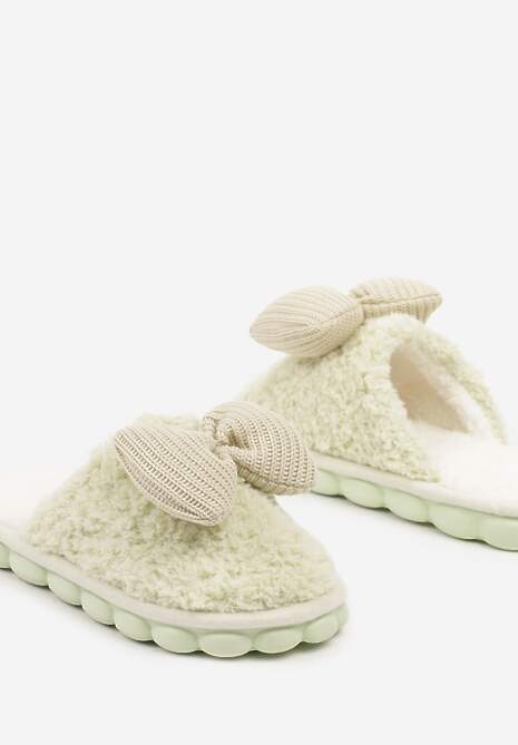 Jasnozielone Kapcie z Futerka z Kokardką na Ozdobnej Podeszwie Vamissa