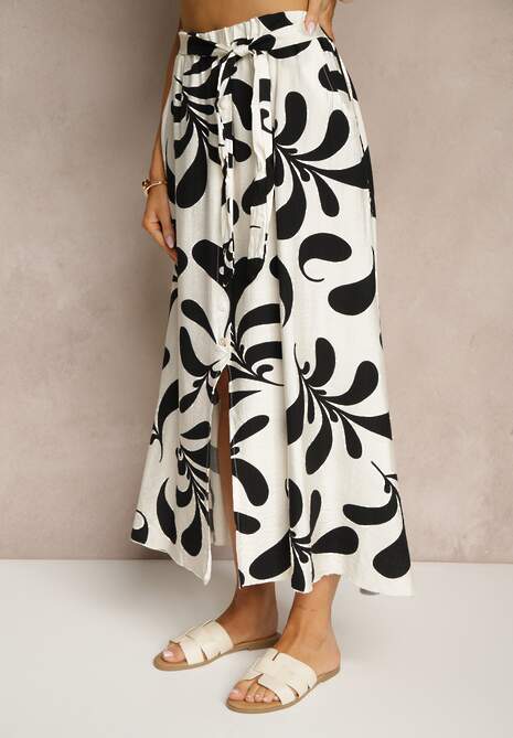 Biało-Czarna Wiskozowa Spódnica o Rozkloszowanym Kroju z Wiązanym Paskiem i Guzikami Zimela