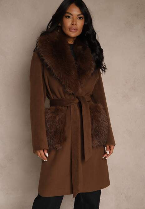 Brązowy Płaszcz z Futrzanym Kołnierzem Kieszeniami i Wiązanym Paskiem Perria