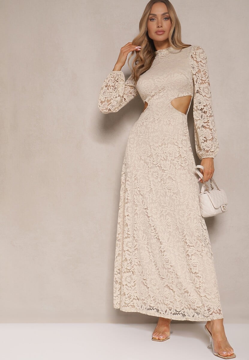 Beżowa Koronkowa Koktajlowa Sukienka o Rozkloszowanym Kroju z Odkrytymi Plecami Felillia
