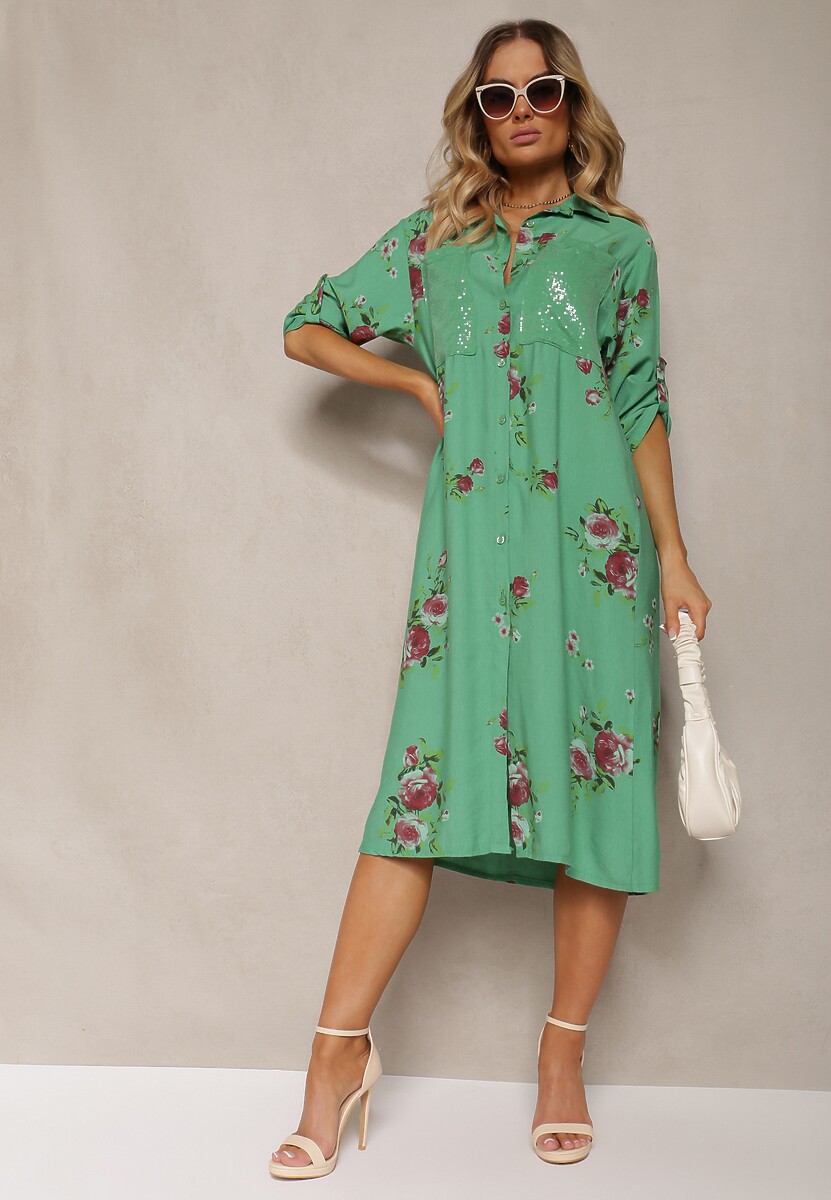 Ciemnozielona Koszulowa Bawełniana Sukienka Zapinana na Guziki Nuramla