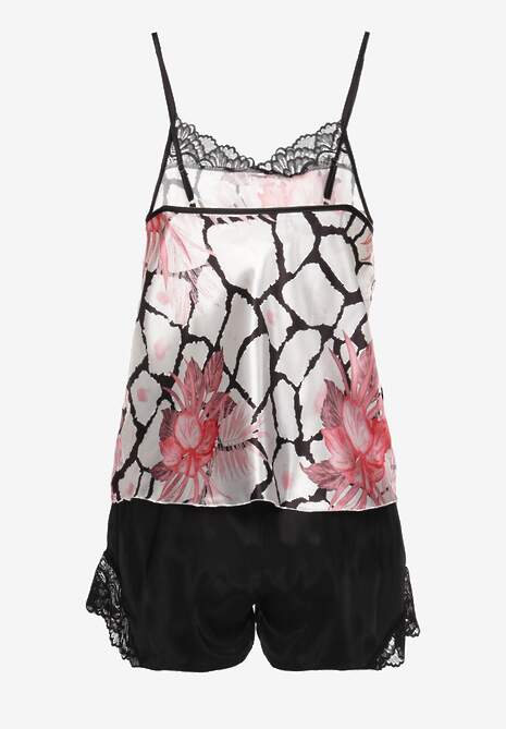 Biało-Czarny Satynowy Komplet Piżamowy z Szortami i Topem z Koronką Telespha