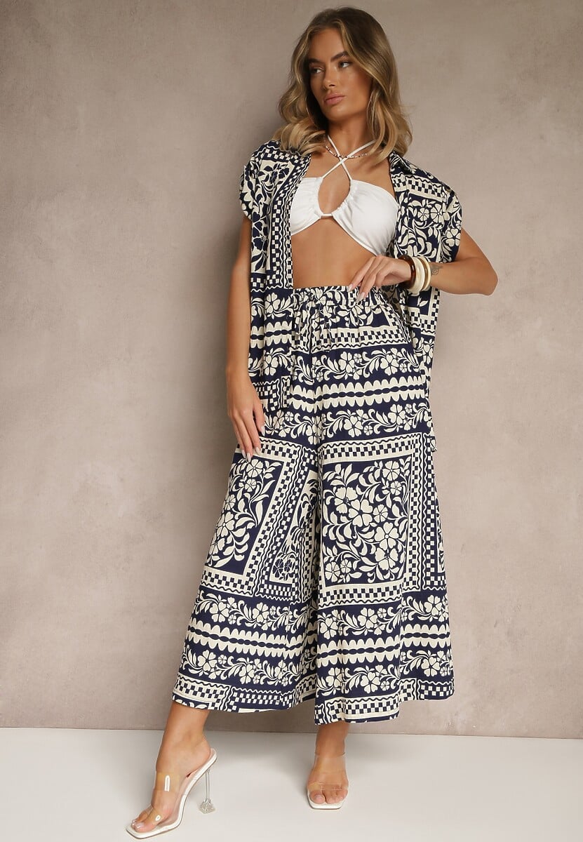 Czarny Komplet z Wiskozą w Kwiatowy Wzór Koszula i Spodnie Sonelienna