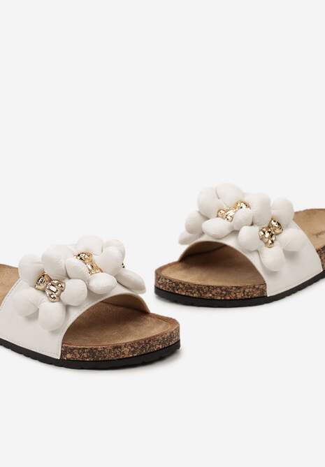 Białe Klapki ze Złotymi Misiami i Kwiatkami na Profilowanej Podeszwie Isaralle
