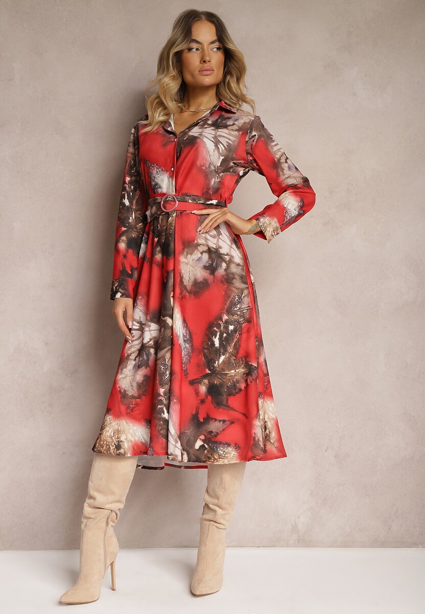 Czerwono-Brązowa Rozkloszowana Sukienka Midi z Paskiem z Klamrą Qirvina