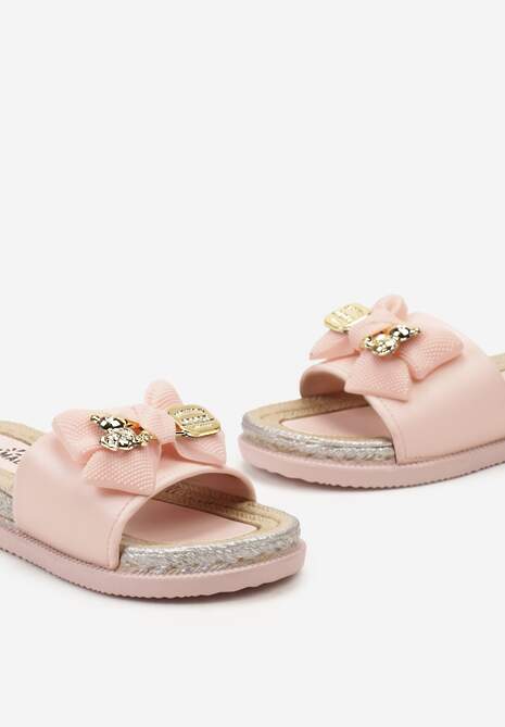 Różowe Klapki na Niskiej Platformie ze Złotymi Ozdobami i Kokardą Oatiss