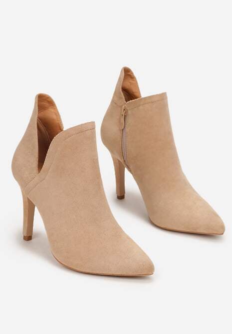 Ciemnobeżowe Botki na Szpilce z Wyciętym Bokiem Legu