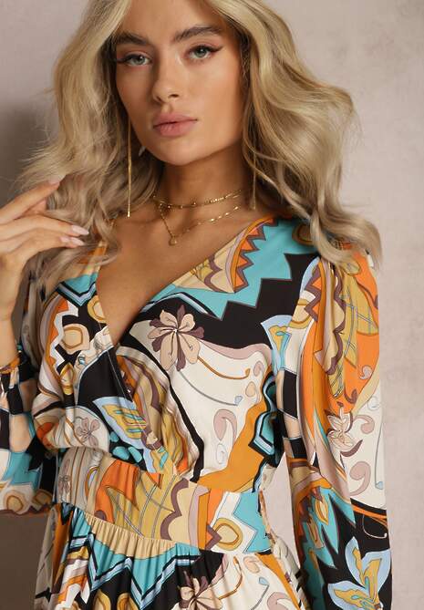 Beżowa Kopertowa Sukienka Maxi w Fantazyjny Nadruk Leanda