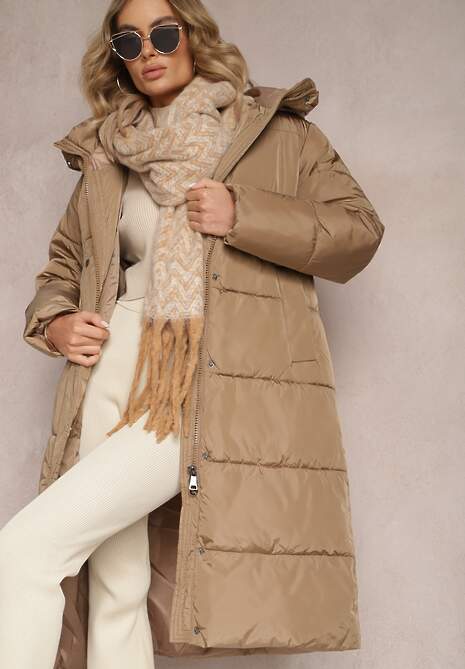 Brązowa Kurtka za Kolano Pikowana z Kapturem Nafesa