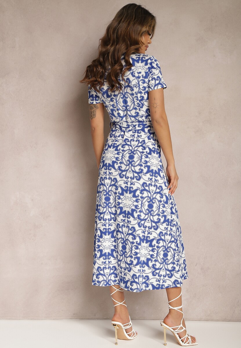 Biało-Granatowa Midi Sukienka Koszulowa z Ornamentalnym Printem Wiązana w Talii Beala