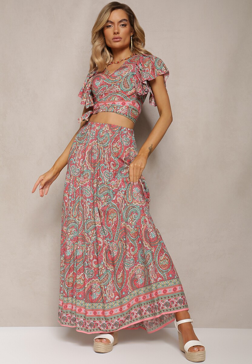 Różowy Wiskozowy Komplet 2-Częściowy w Print Paisley Długa Spódnica i Kopertowy Top Aeodosia