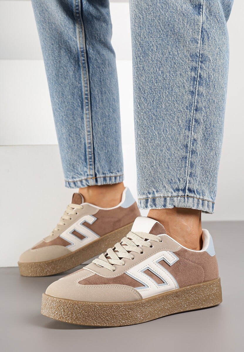 Brązowo-Beżowe Sneakersy Ozdobione Geometrycznym Motywem Lanelise