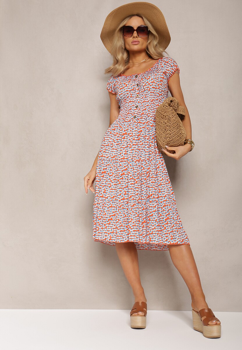 Pomarańczowa Rozkloszowana Sukienka z Wiskozy Midi z Guzikami Firla