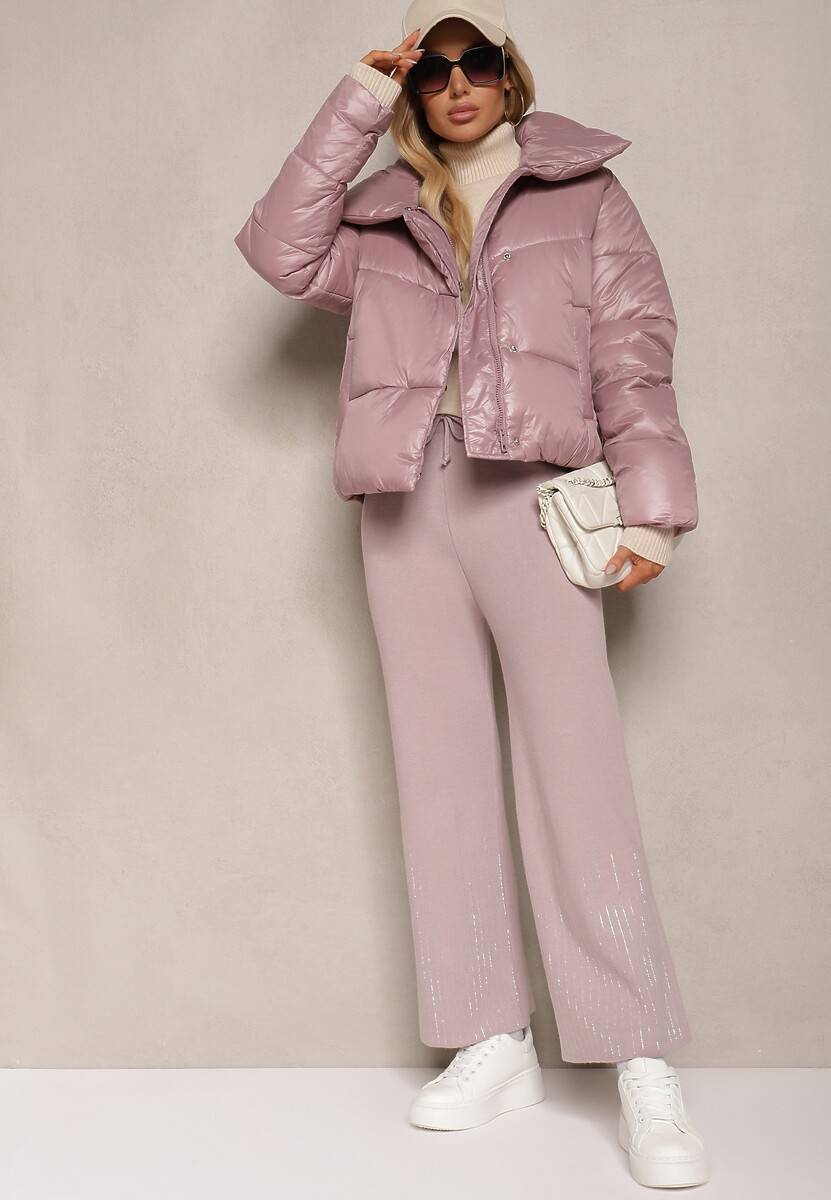 Jasnofioletowe Spodnie o Szerokim Kroju High Waist z Cyrkoniami i Gumką w Pasie Loreitha