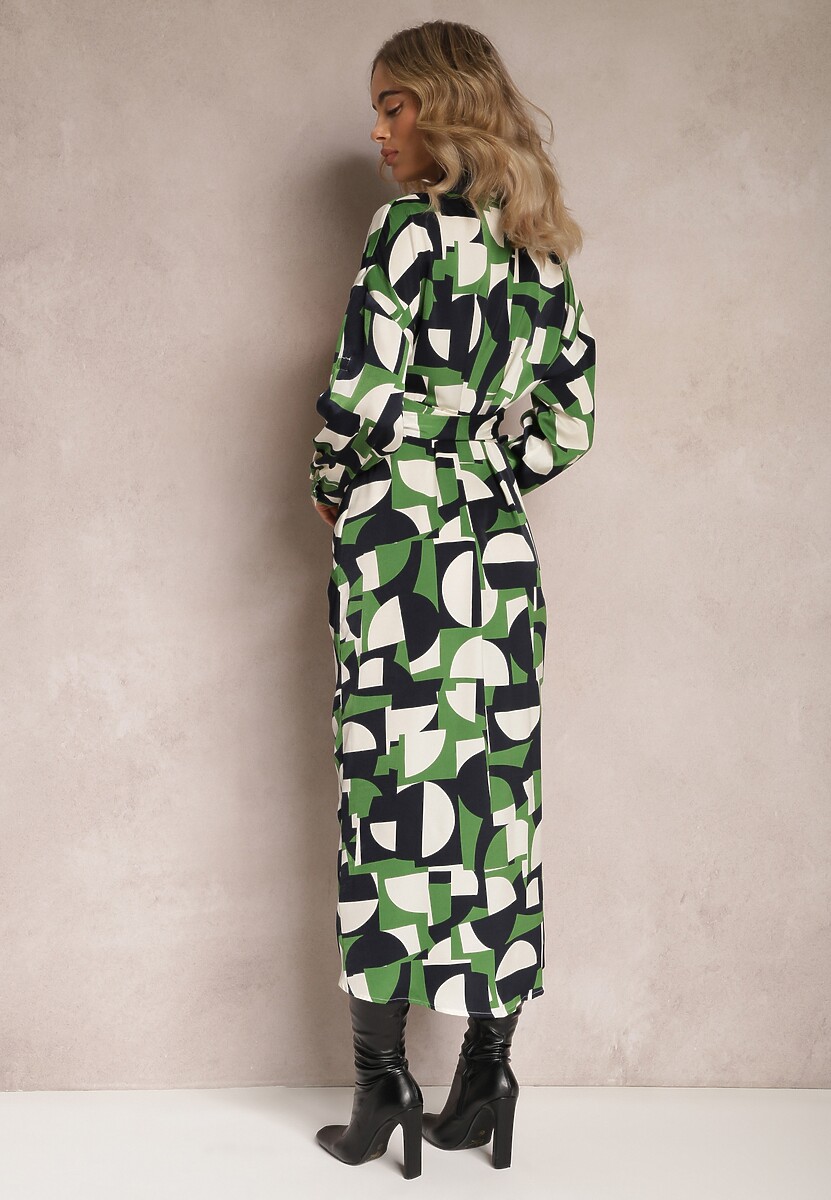 Zielona Koszulowa Sukienka Midi z Wiązanym Paskiem Elandrialia