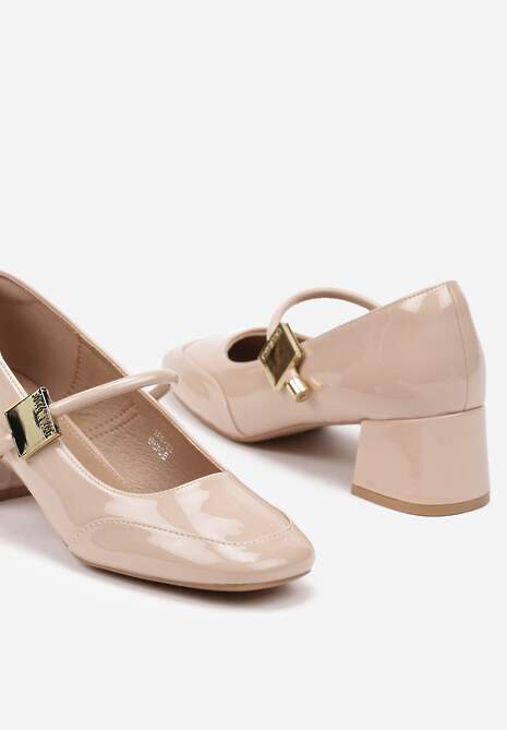 Beżowe Lakierowane Czółenka na Niewysokim Słupku z Elastycznym Paskiem i Złotą Aplikacją Ittevana