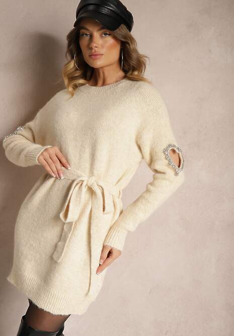 Beżowa  Sukienka Sweterkowa z Wełną Ozdobiona Cyrkoniami Paskiem i Wycięciami Zolida