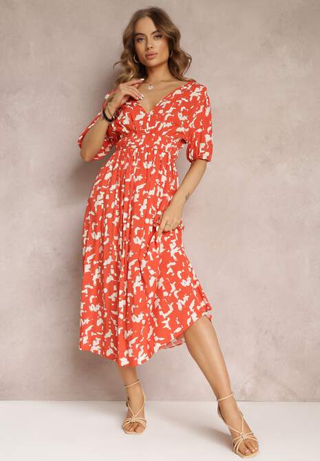 Pomarańczowa Rozkloszowana Sukienka Mii z Gumką w Talii z Głębokim Dekoltem z Wiskozy Xyra