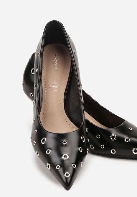 Czarne Czółenka na Szpilce Vices Ozdobione Nitami z Wkładką ze Skóry Naturalnej Rilinessa