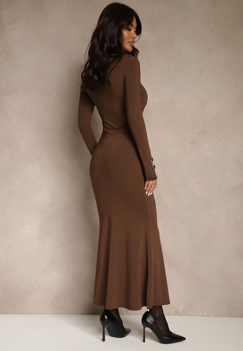 Brązowa Sukienka Koktajlowa z Wiskozą i Metaliczną Klamrą przy Dekolcie Refire