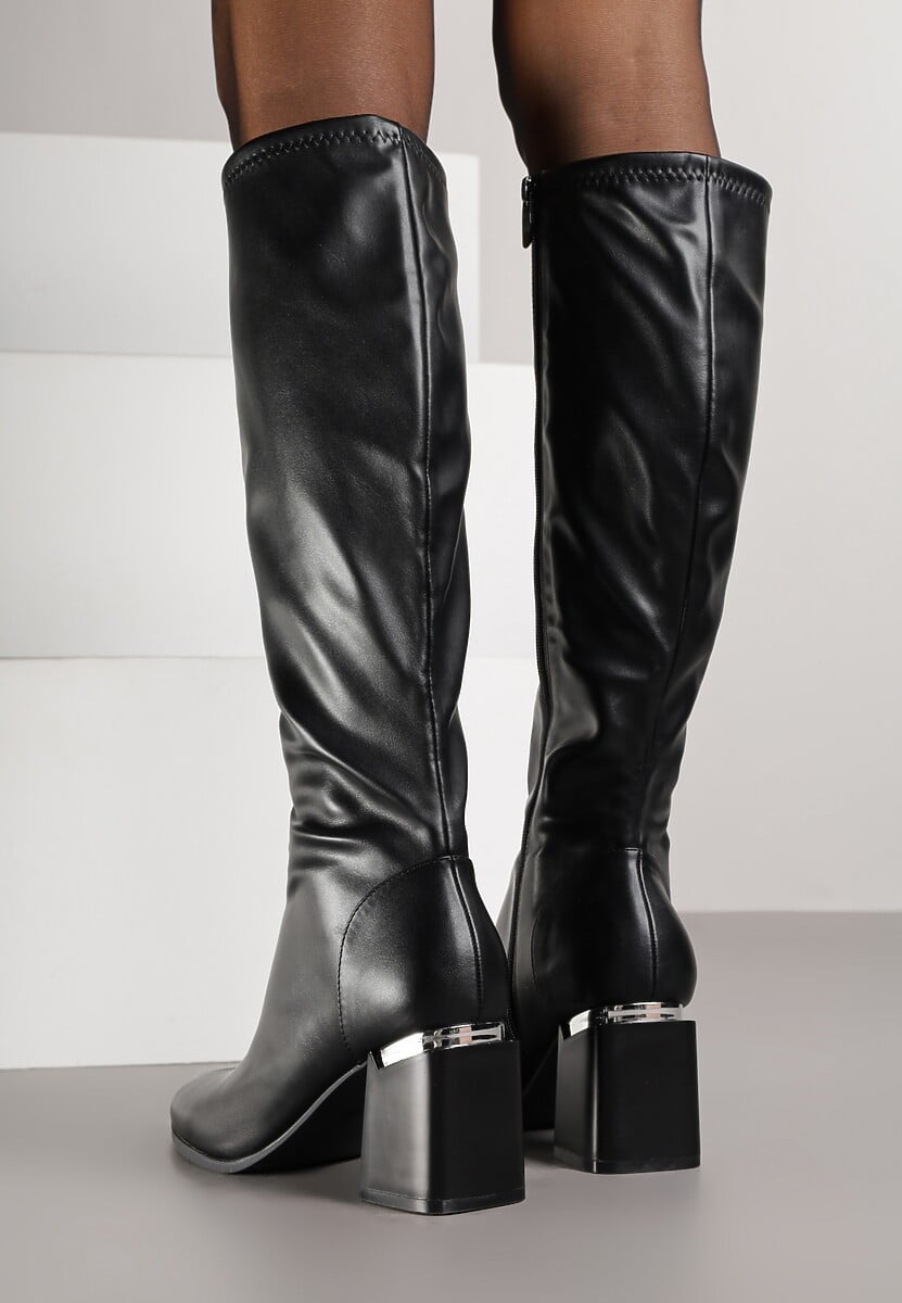 Czarne Klasyczne Kozaki VICES na Słupkowym Obcasie z Metaliczną Aplikacją Rannora