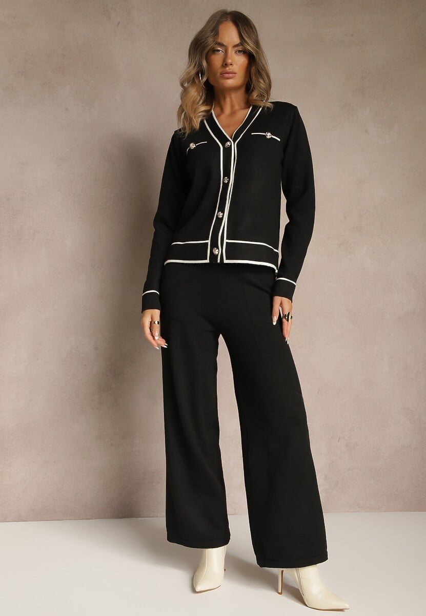 Czarny Komplet z Dzianiny Spodnie Wide Leg i Retro Kardigan Giosila
