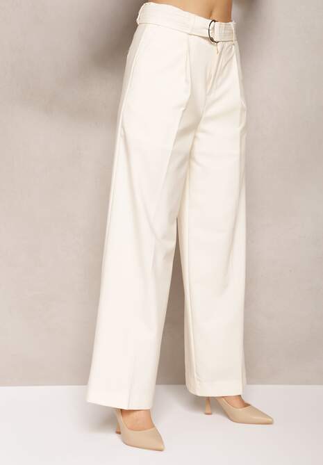Jasnobeżowe Spodnie Szerokie High Waist Zapinane na Klamrę z Materiałowym Paskiem Etela