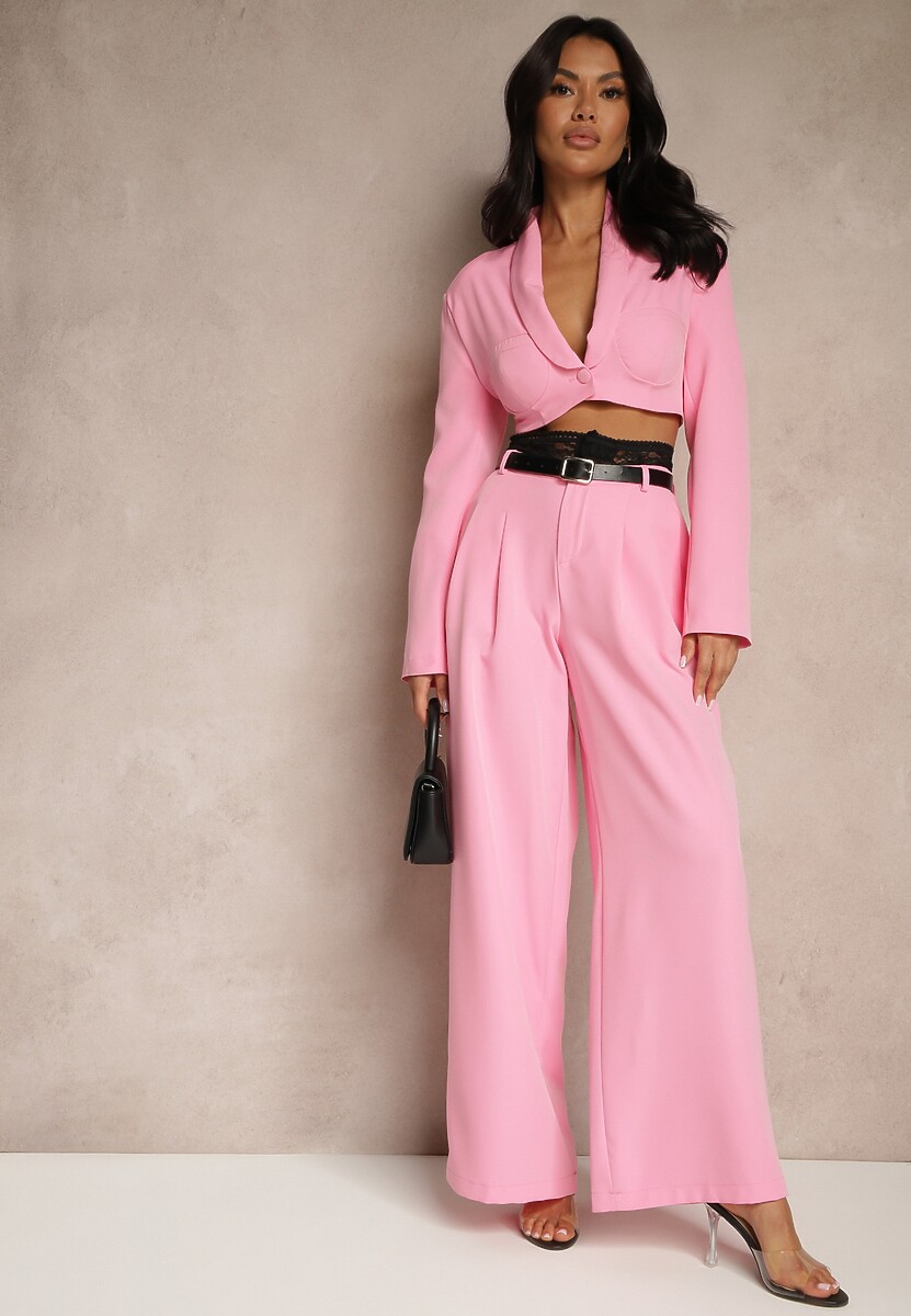 Różowy Komplet Szerokie Spodnie i Krótka Marynarka z Usztywnionymi Miseczkami Liovea