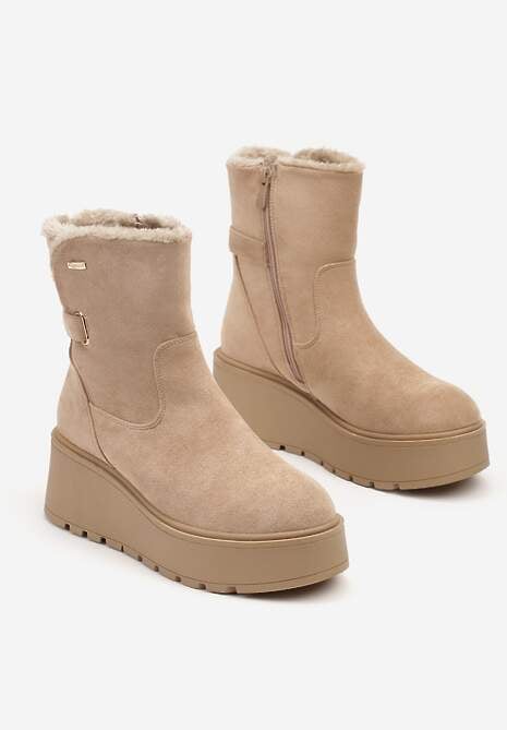 Ciemnobeżowe Botki Ocieplone Futerkiem na Platformie Zinrella