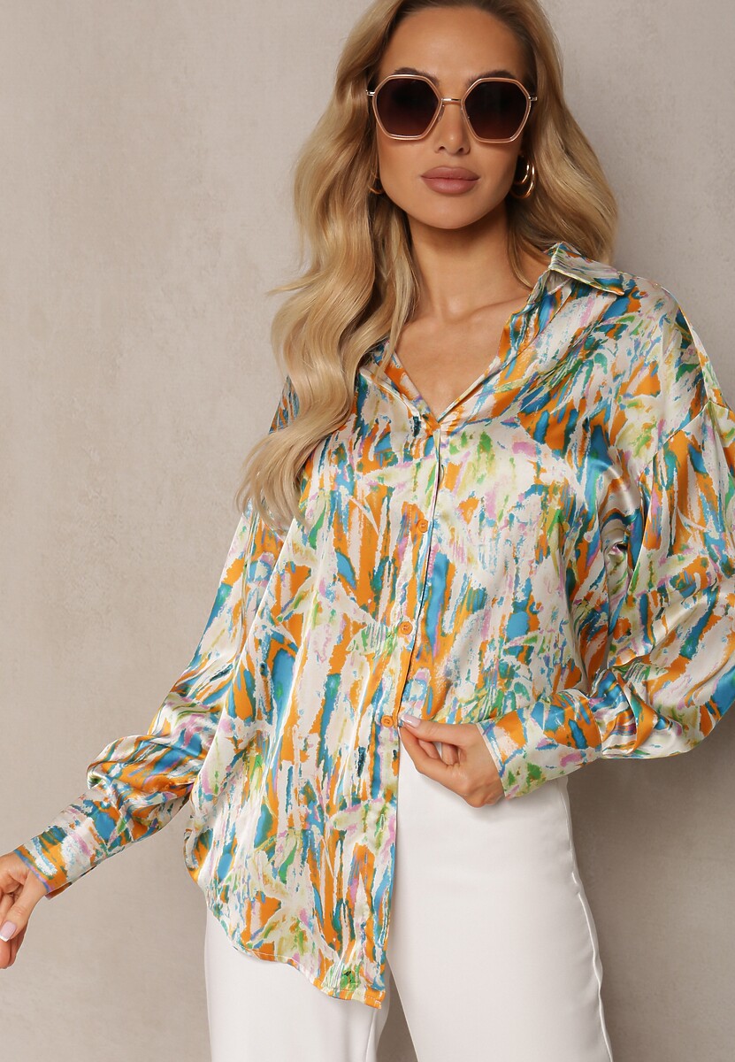 Niebiesko-Beżowa Klasyczna Koszula z Guzikami z Przedłużonymi Mankietami Keirania