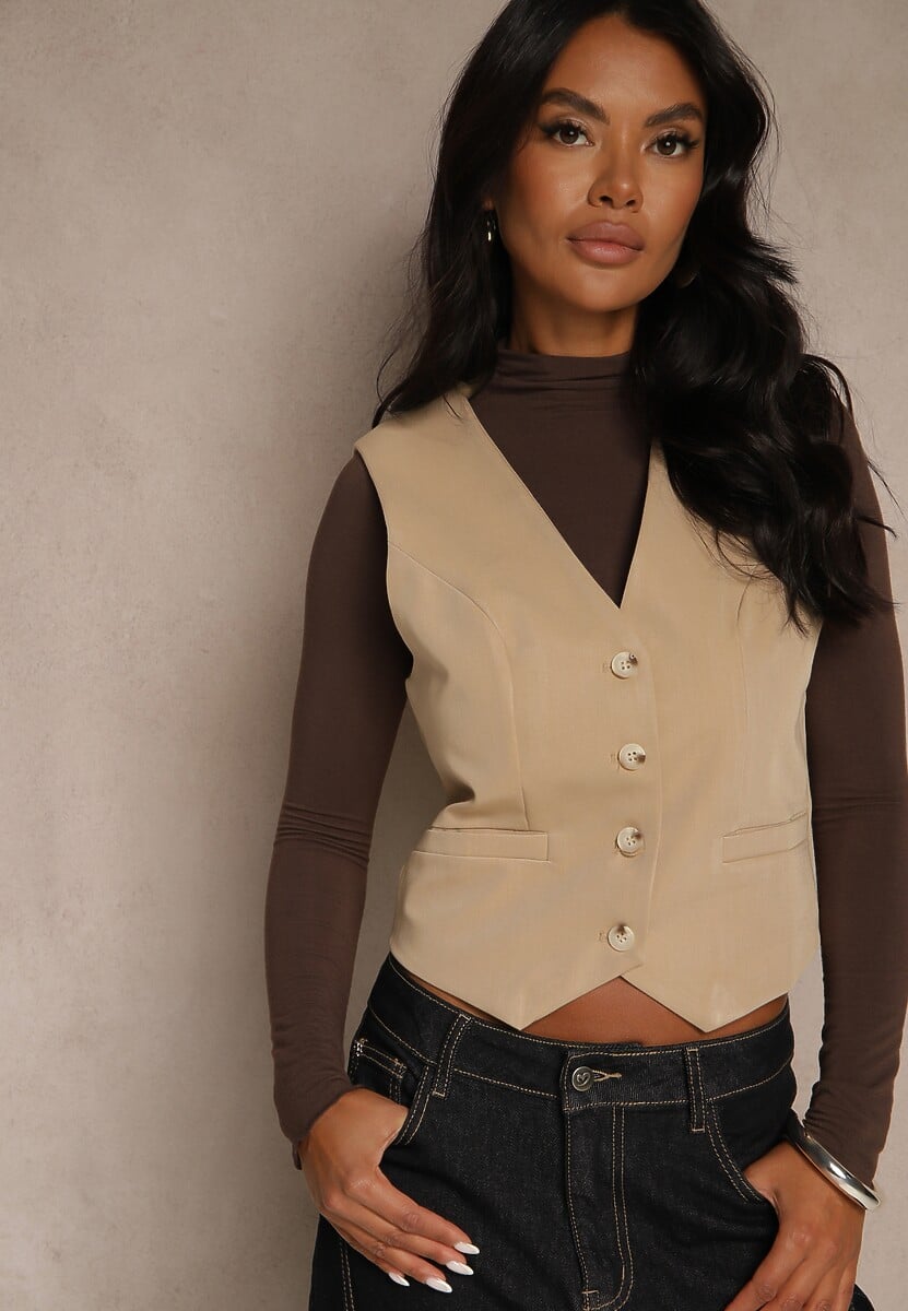 Ciemnobeżowa Kamizelka na Guziki bez Rękawów Ellowen