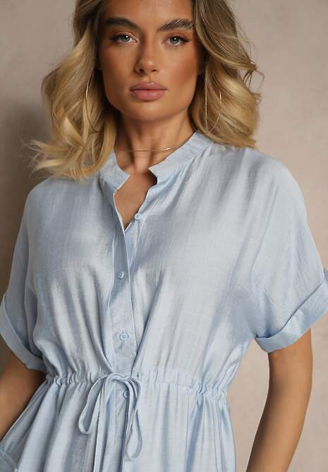 Niebieska Sukienka z Wiskozą o Koszulowym Kroju z Wiązaniem w Pasie Pollivia