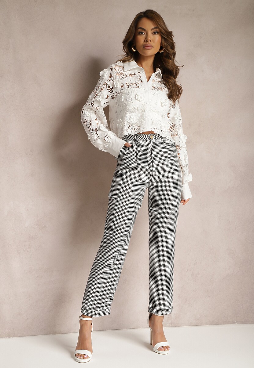 Beżowe Spodnie Cygaretki z Wysokim Stanem i Printem w Pepitkę Nakela