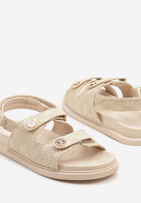 Beżowe Sandały z Rzepami i Biżuteryjnymi Guzikami Kolariella